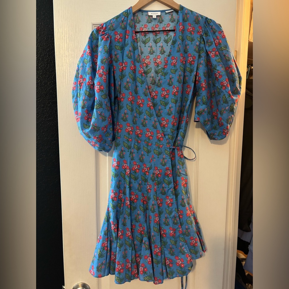 RHODE claudine blue floral wrap midi dress with puff sleeves - Picture 5 of 11